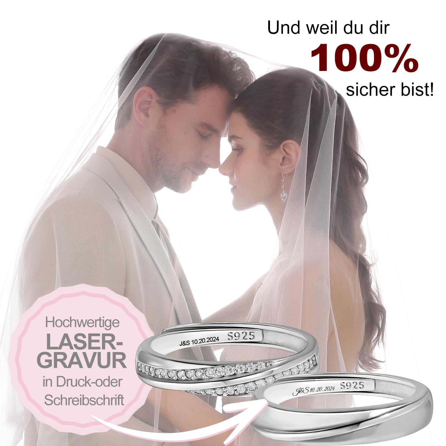 Meissa 2 Paar Ringe für Damen und Herren 925 Sterling Silber Ehering passende Versprechen Ringe Größe verstellbar handgefertigt Brautschmuck Größe 44-62