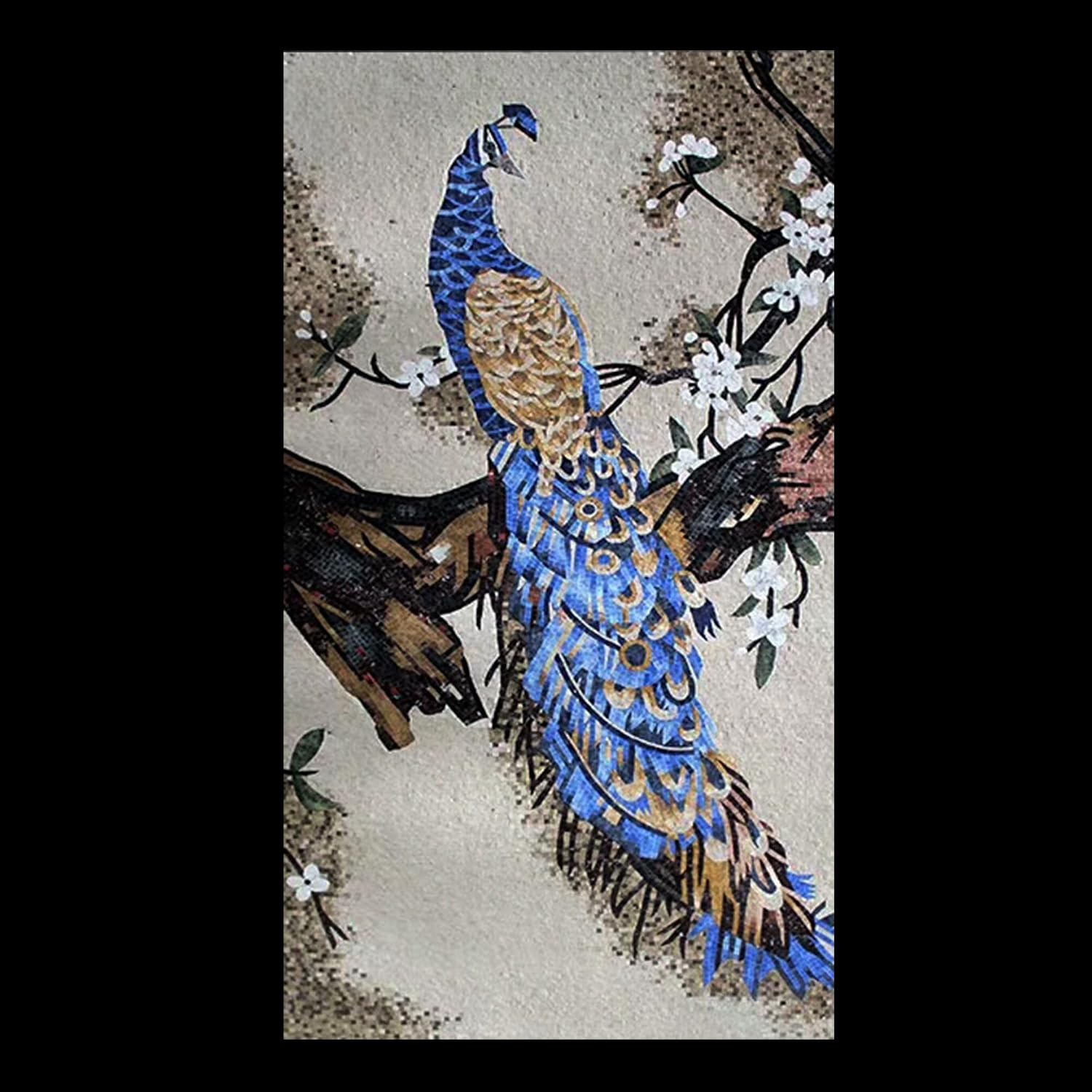 Handmade Blue and Gold Peacock Glass Mosaic Wall Art, Bird Tile Mosaic Artwork, Hand-Cut Luxury Contemporary Wall Décor