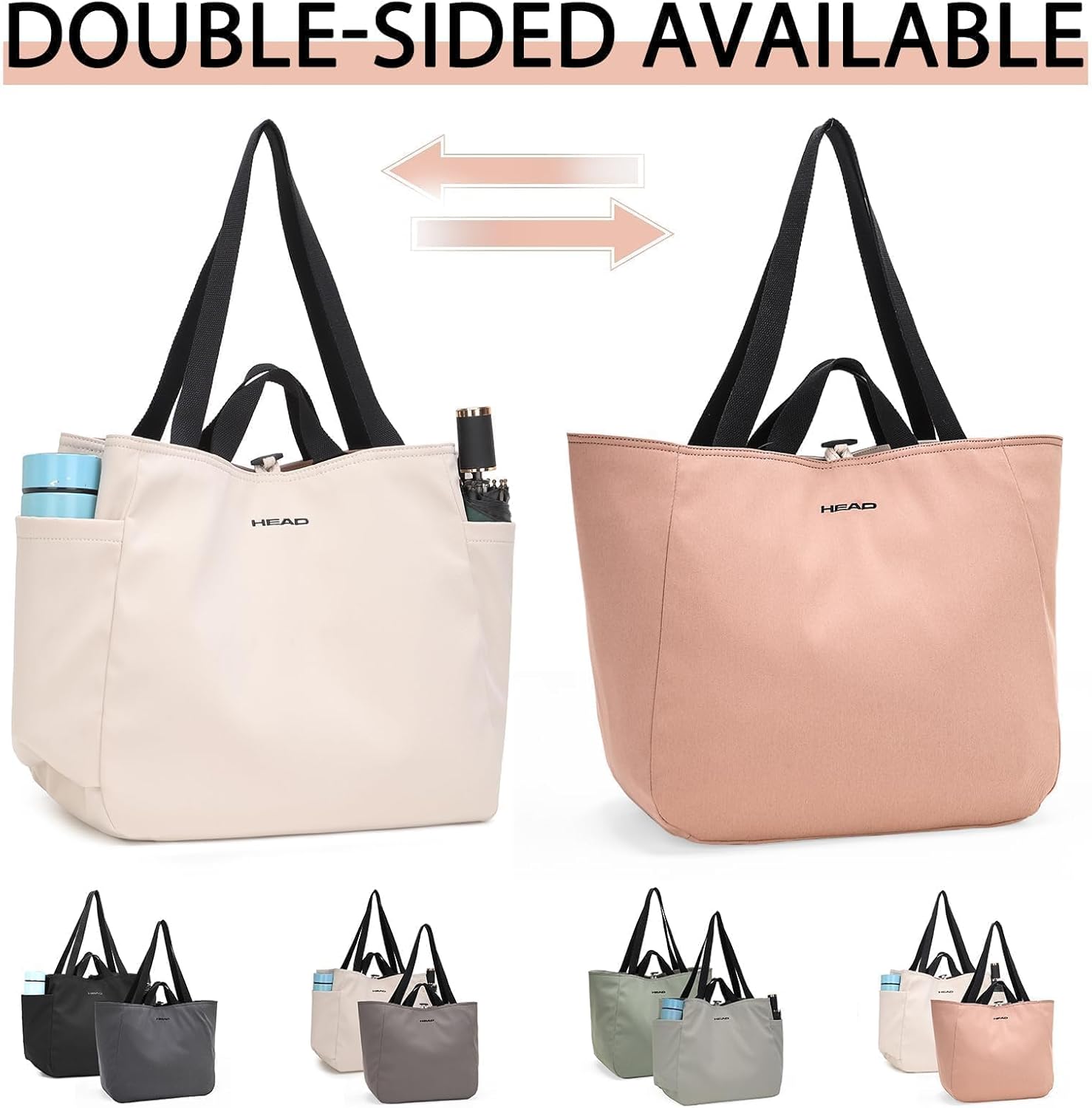 HEAD Reversible Gym Tote Bag for Women, Waterproof Large Shoulder Purse With Double Handles for Travel/Casual/Sport/Tennis