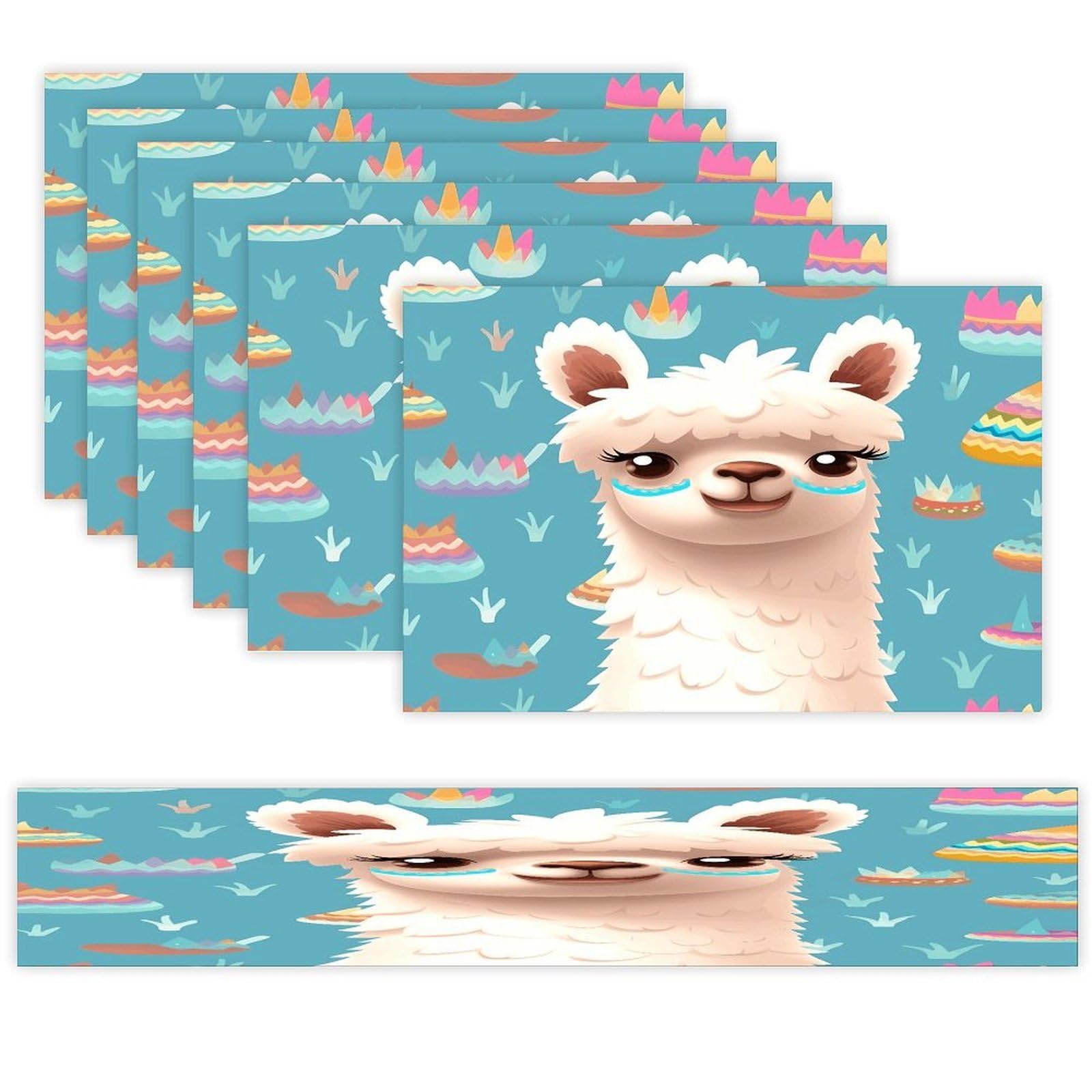 Alpaca Patterm Table Runner and Placemats Set of 6 Wipe Clean Heat Resistant Table Mat with Table Runner Decorations Flax Linen Place Mat Set for Home Kitchen Party Supplies