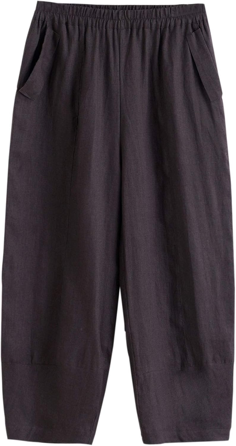 IXIMO Women's 100% Linen Pants Relax Fit Lantern Cropped TaperedPants Trousers with Elastic Waist