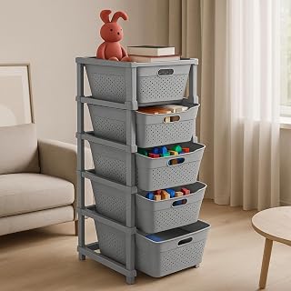 JD FRESH 5-Tier Plastic Storage Cabinet Organizer/Modular Plastic Drawer System for Home, Office, Hospital, Parlor, School, and Kids' Rooms/Modular Kitchen & Toy Organizer (GREY)