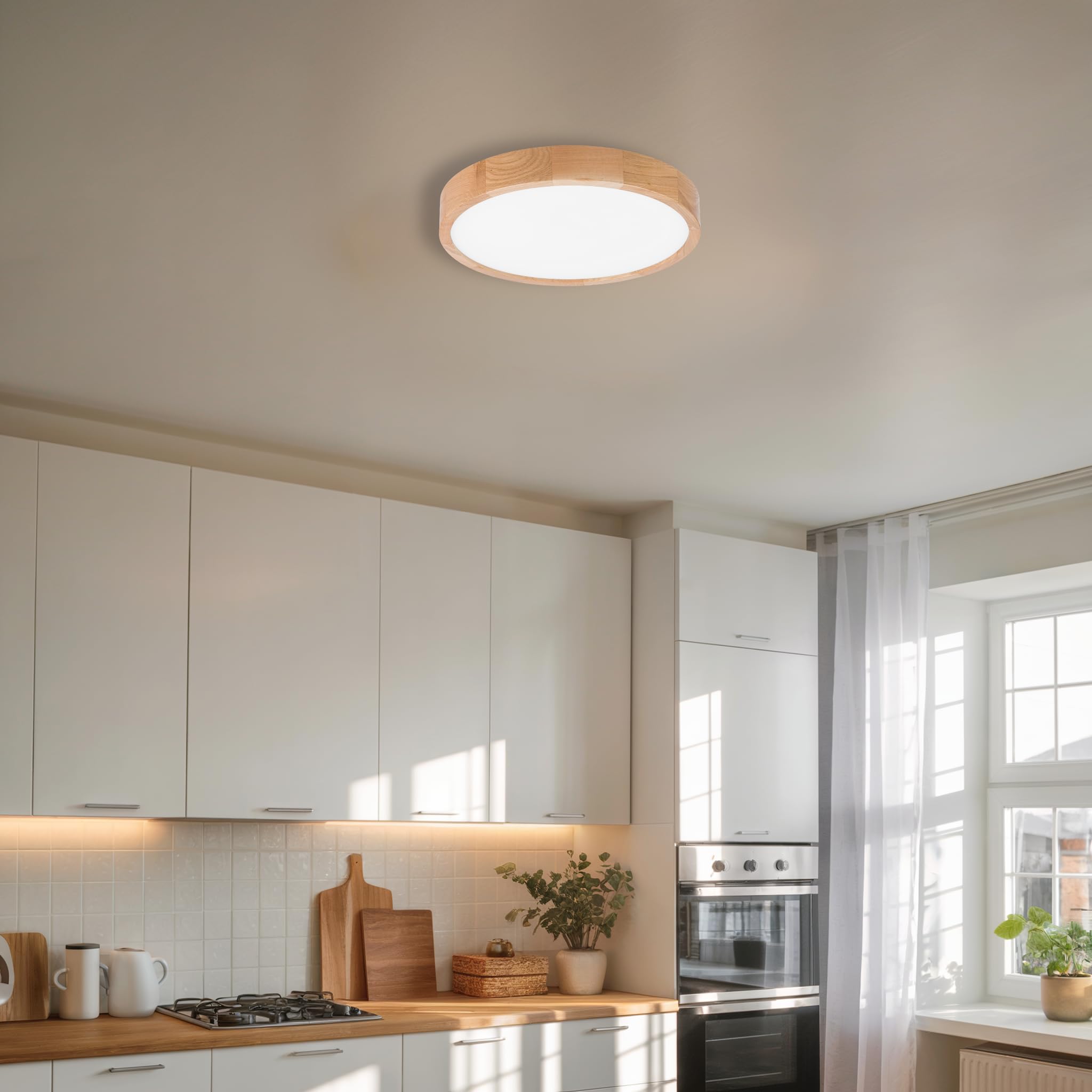 Schlafzimmerlampe - Runde Holz Deckenlapme Eiche LED 24W-4000K (∅37 cm) - Modern Beige Deckenleuchte für, Wohnzimmer, Flur, Küche - Stilvolle Eichenholz LEJA
