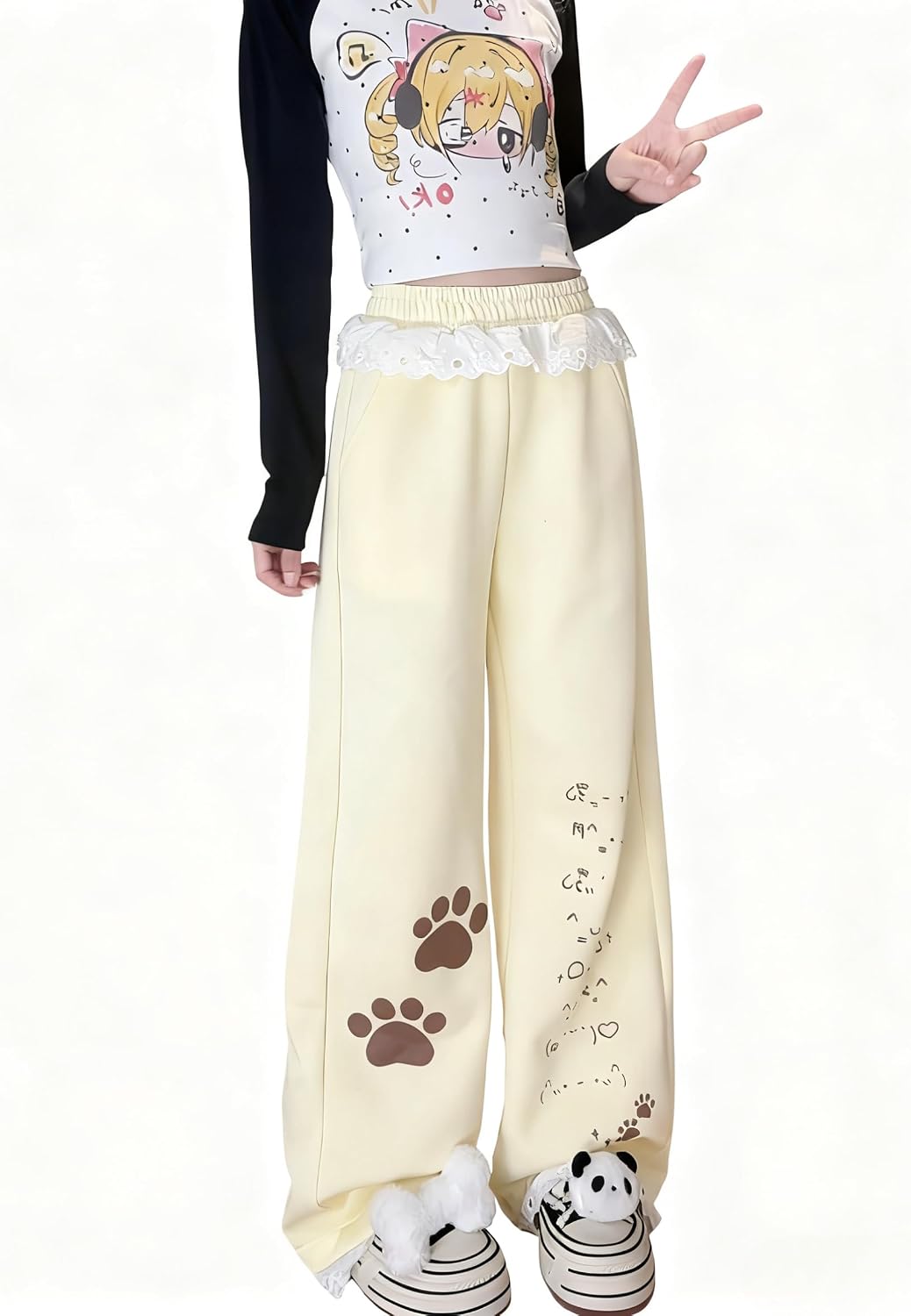 Women's Kawaii Harajuku Wide Leg Sweatpants Coquette Aesthetic Lace Trim Baggy Joggers Y2K Fairycore Loungewear
