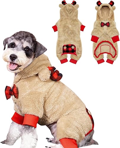 KYEESE Pijamas para perro, renos de Navidad con corbatín, pijamas de perro a cuadros rojos para perros pequeños, pijamas para mascotas a cuadros
