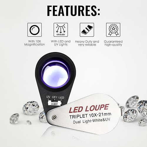 Miniatura 6 de 10 lupa lupa para joyería con bolsillo plegable iluminado herramienta de aumento de 0827in U V y luz LED para rocas de ojos sellos monedas relojes