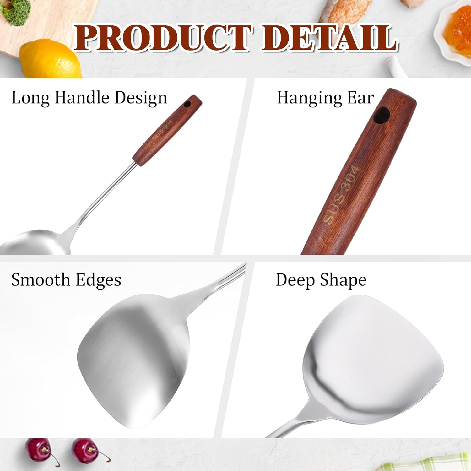 Wok Spatula Stainless Steel 14.17 inch Spatula Wide Metal Wok Tools with Wooden Handle Cooking Utensils Woks Accessories for Cooking Stirring Mixing Turning Silver - Image 3