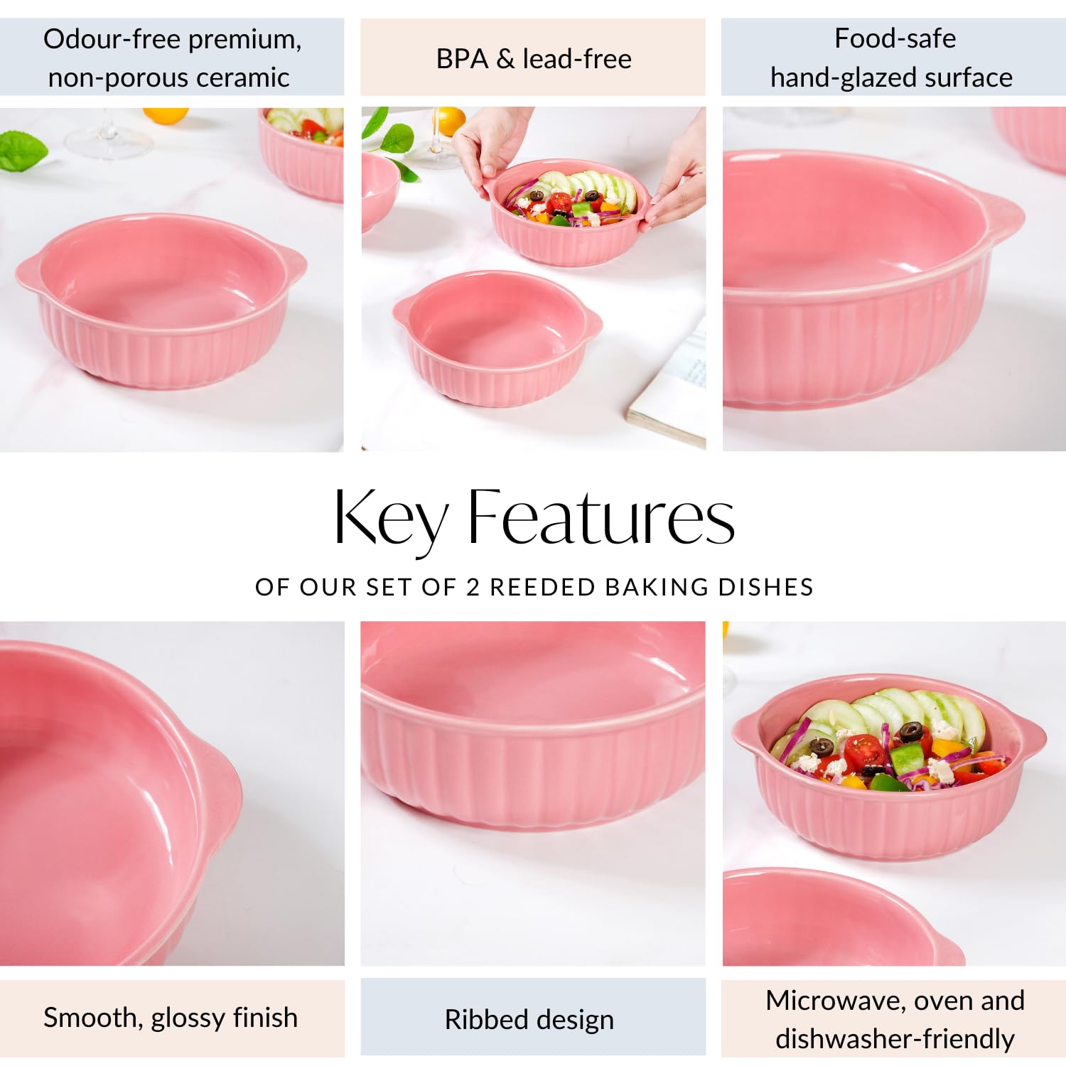 Nestasia Baby Pink Ceramic Baking & Serving Bowls Set of 2 | Durable, Lead Free, Ribbed Design, Microwave & Dishwasher Safe Perfect for Salads,Pasta,Snacks,Curry (800ml) 1