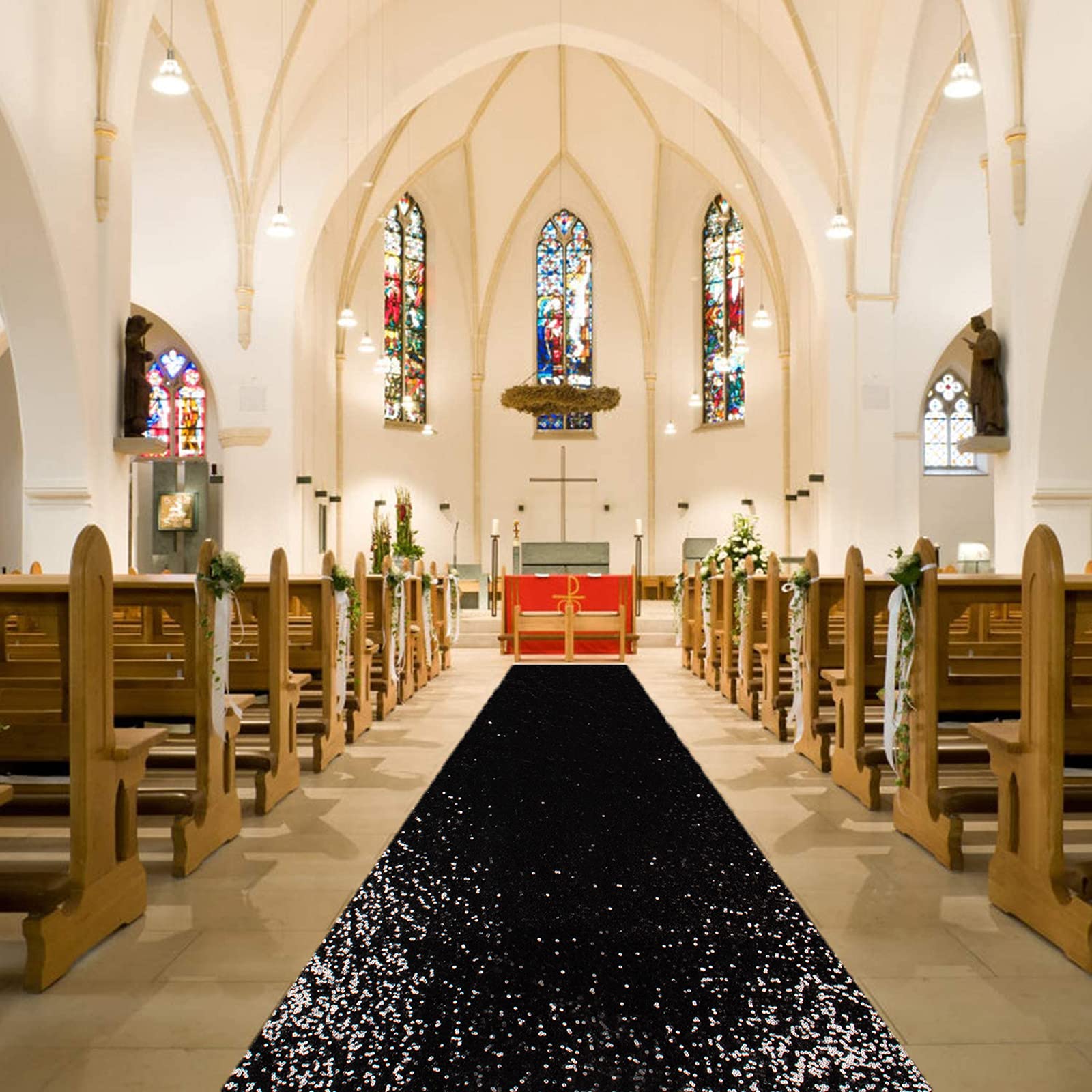 ShiDianYi Black Aisle Runner for Wedding 15FTx2FT Seuqin Aisle Runner for Bride Glitter Sequin Fabric Aisle Runner for Wedding Ceremony Outside Black