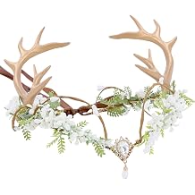 MOSTORY Antlers Flower Crown for Medieval Costume Women, White Elf Headpiece with Flowers and Gemstones for Cosplay Carnival Halloween Book Day May Day Accessories