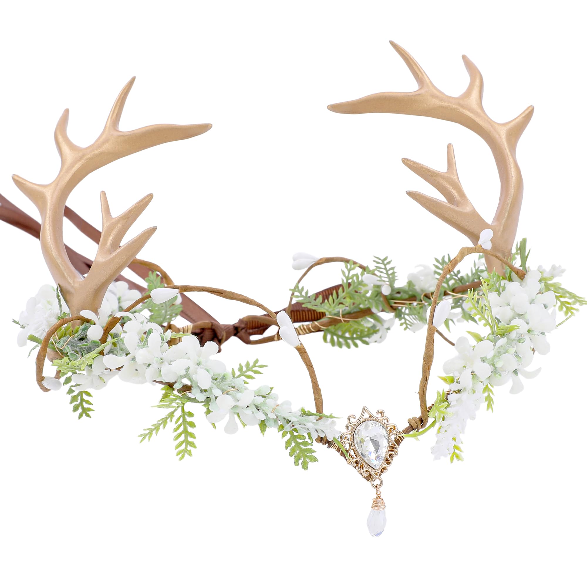 MOSTORY Antlers Flower Crown for Medieval Costume Women, White Elf Headpiece with Flowers and Gemstones for Cosplay Carnival Halloween Book Day May Day Accessories