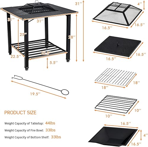 Miniatura 7 de Giantex Pozo de fuego de leña 4 en 1, mesa cuadrada con cubierta de malla, tapa extraíble, rejilla de cocina, rejilla de troncos y póquer de fuego,