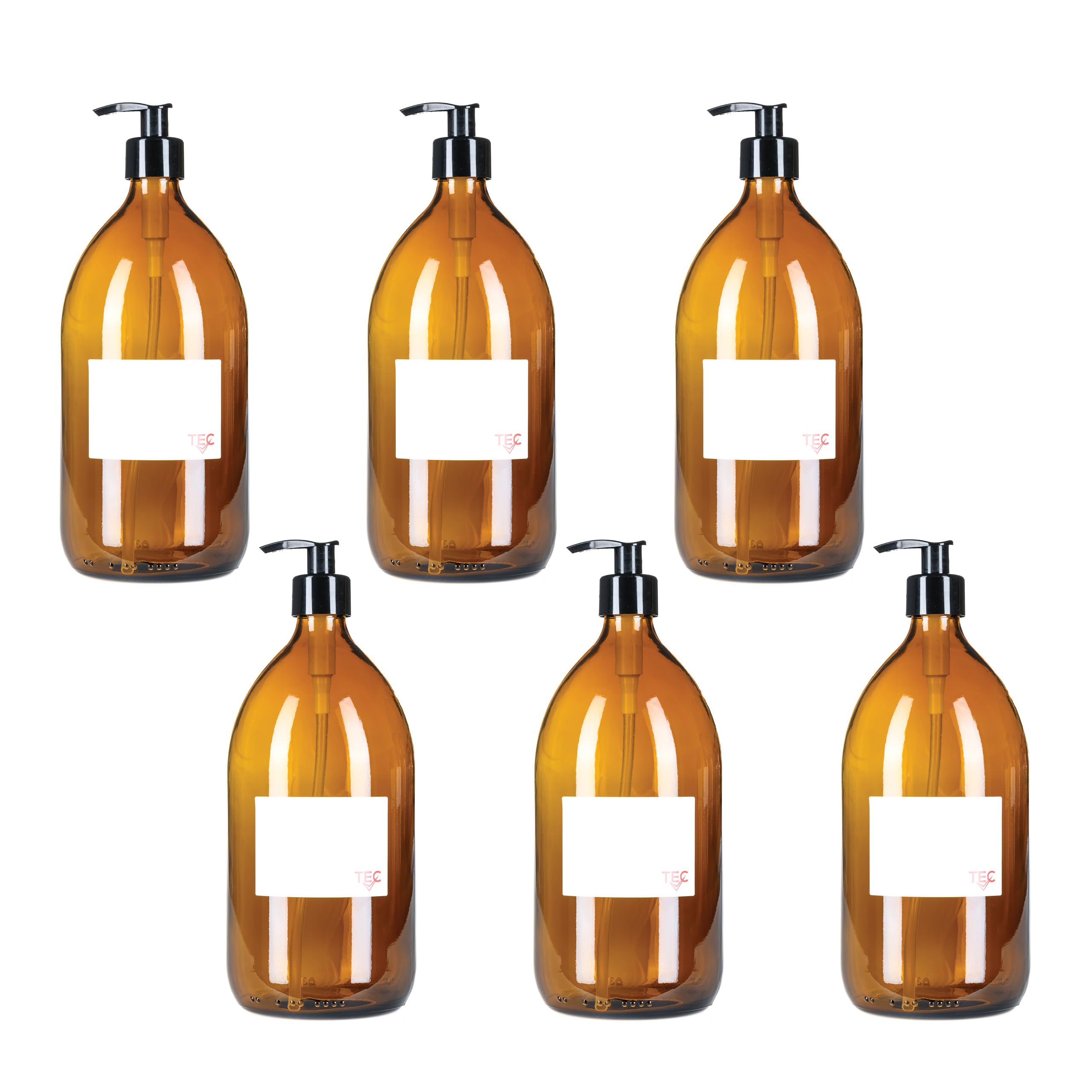 TEC 1 Litre Bottles Amber Glass 65% Recycled with Pumps UK Made Large Soap Dispenser for Handwash Recyclable Refillable Labels Wrapped in Brown Sustainable Paper (6)