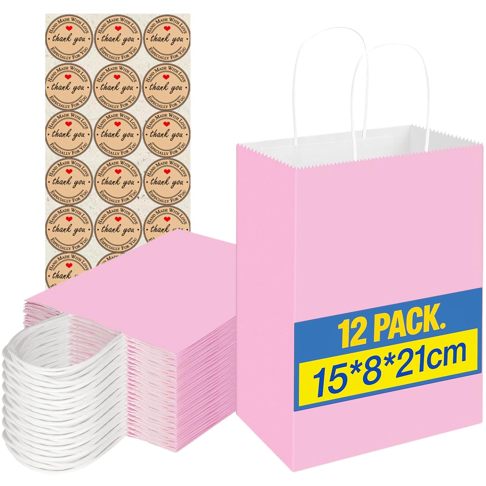 12Pcs Small Paper Bags With Handles, Paper Gift Bags (21x15x8cm), 130GMS Thicken Kraft bags Party Favor Shopping includes lables for Favor Birthday Party Wedding Shopping Retail (Pink)