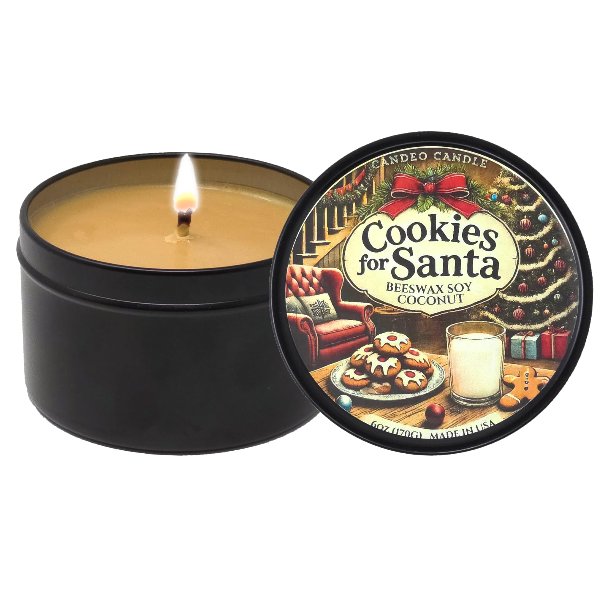 Candeo Candle Cookies for Santa - Container , 6 oz - Made with Beeswax, Coconut and Soy - Black Tin - Handmade in The USA - - Christmas and Winter s