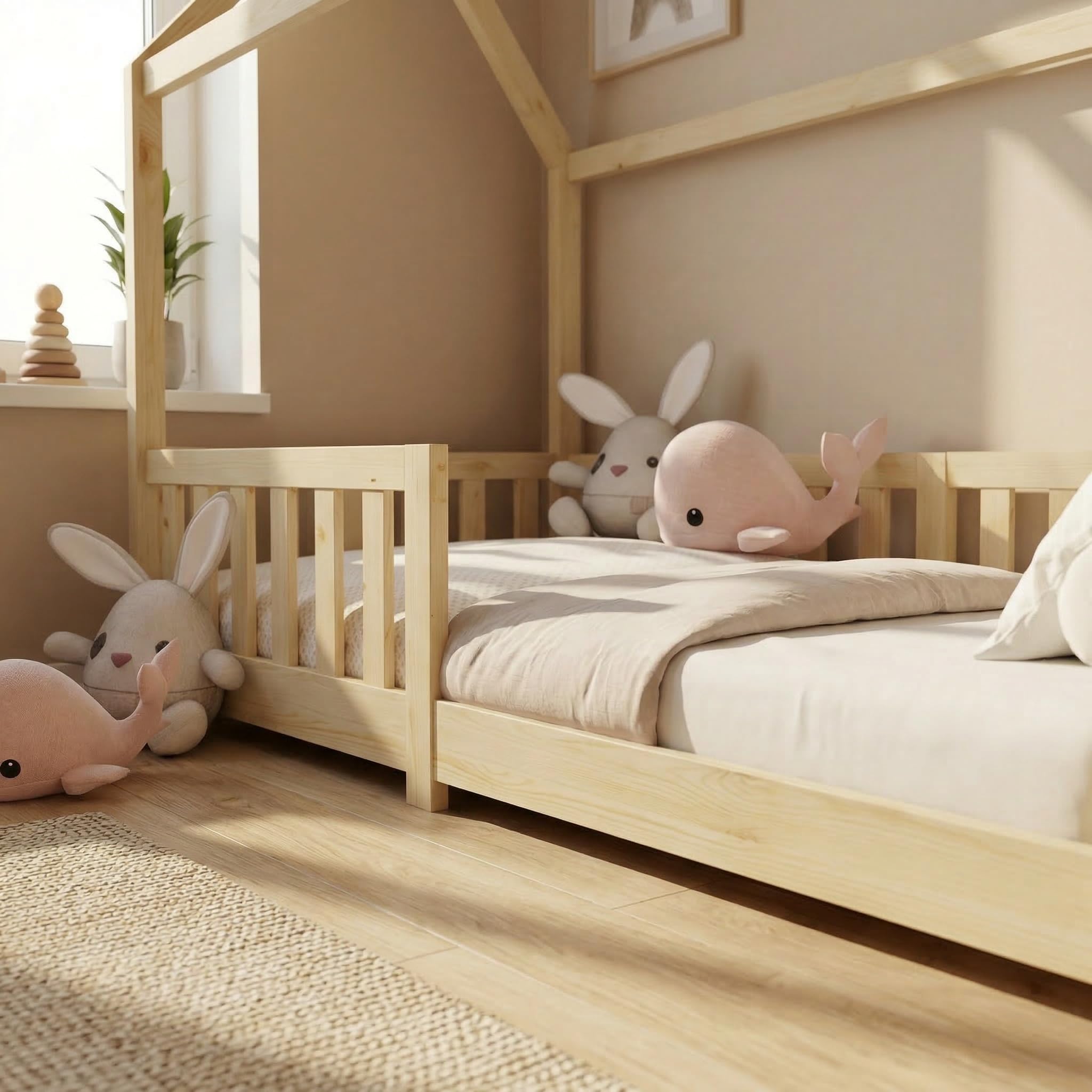 ecomi® Cama Infantil con Protección Anticaídas y Somier, Cama de Casa - Cuna 90x200 /80x160 cm en Blanco/Natural para Niños (Natural, 90x200)