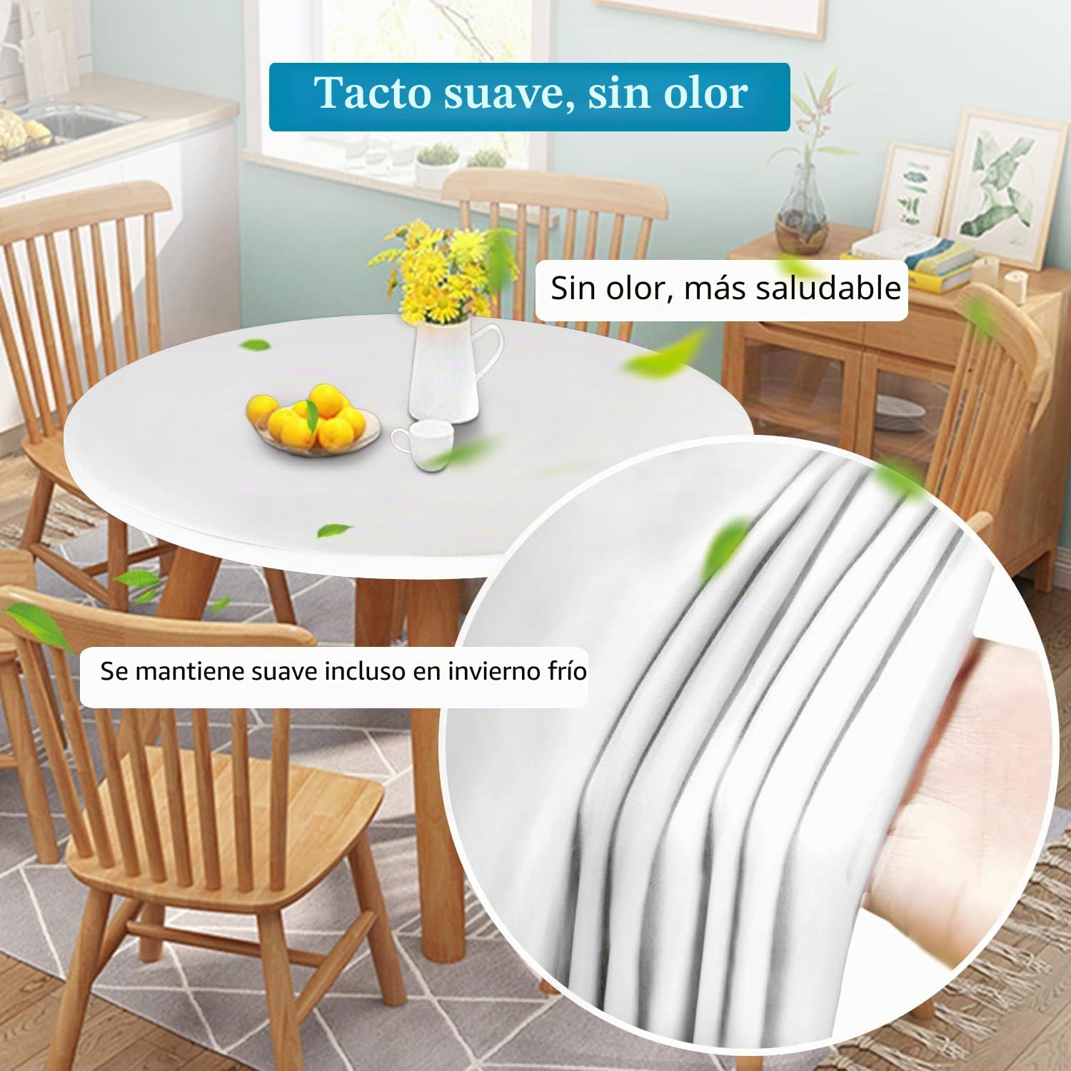 Mantel Ajustable Redondo de Poliuretano con diseño Doble, elástico antidesgarros, Ajustable Suave al Tacto, Impermeable a Prueba de Aceite (Blanco, 145-152cm)