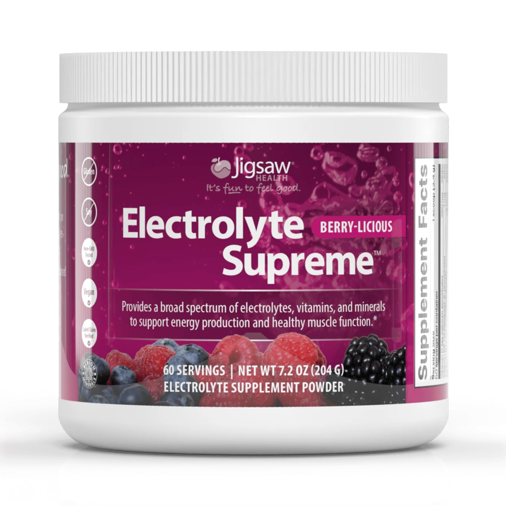 Electrolito Supremo Jigsaw Health | Amplio espectro de electrolitos y oligoelementos | Sabor delicioso a frutos rojos | 60 porciones (frasco)