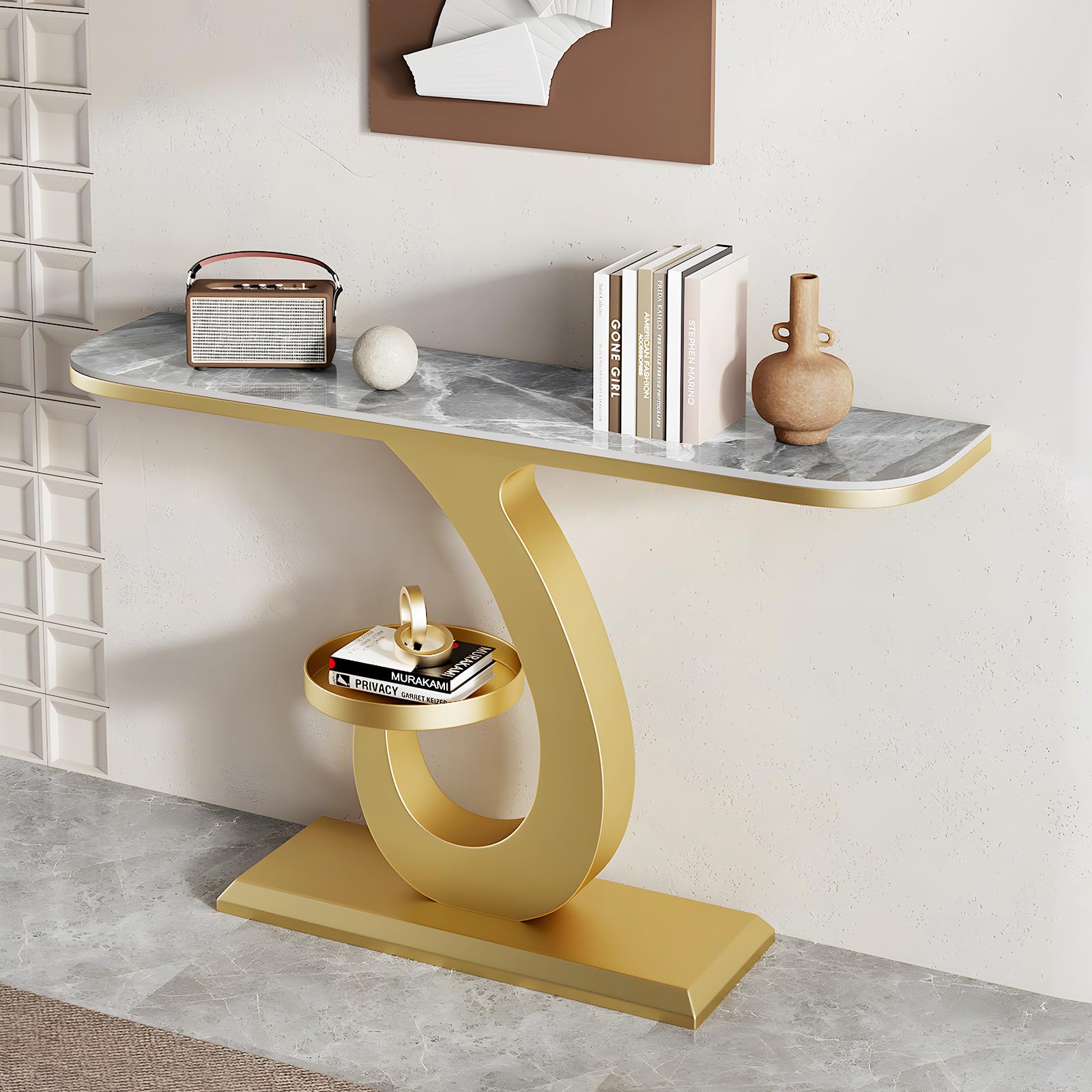 Mesa Consola de Lujo para recibidor, Mesa de Entrada Moderna, Mesa Consola Estrecha de mármol con Base de Metal para Pasillo, Sala de Estar, vestíbulo, 31.5" x 39.4" x 47.2" x 59.1" de Ancho