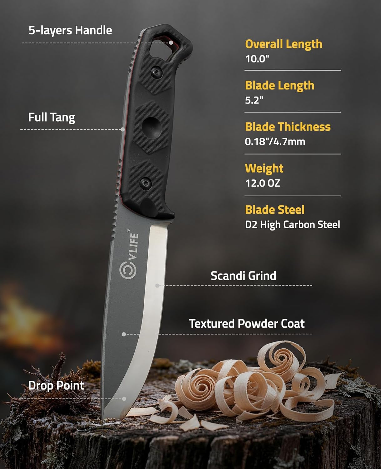 CVLIFE Fixed Blade Knife with Sheath, 5.2" D2 Steel Full Tang Survival Bushcraft Knife, Scandi Grind, 5-Layer Handle with G10 Liners, Heavy Duty Hunting Camping Knives for Men, Black