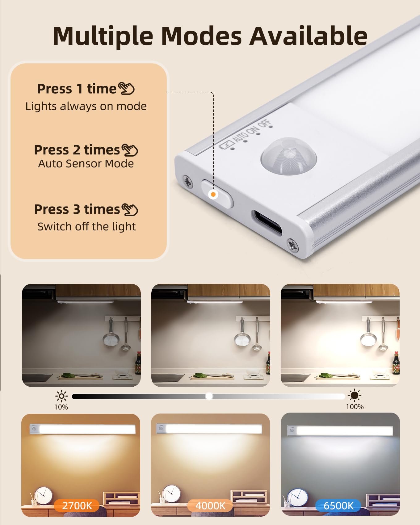 Aigostar Lampe de placard avec Détecteur de Mouvement - 3x Barres Magnétiques 30.4cm， Lampe de Placard Cuisine avec Batterie 2200mAh， USB-C， Luminosité/Couleur Réglable， Adhésif 3M