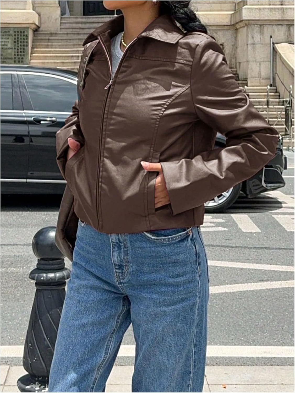 MakeMeChic Women's Crop Faux Leather Jacket Vintage Long Sleeve Collar Zip Up Biker Motorcycle Jackets Coats - Image 6