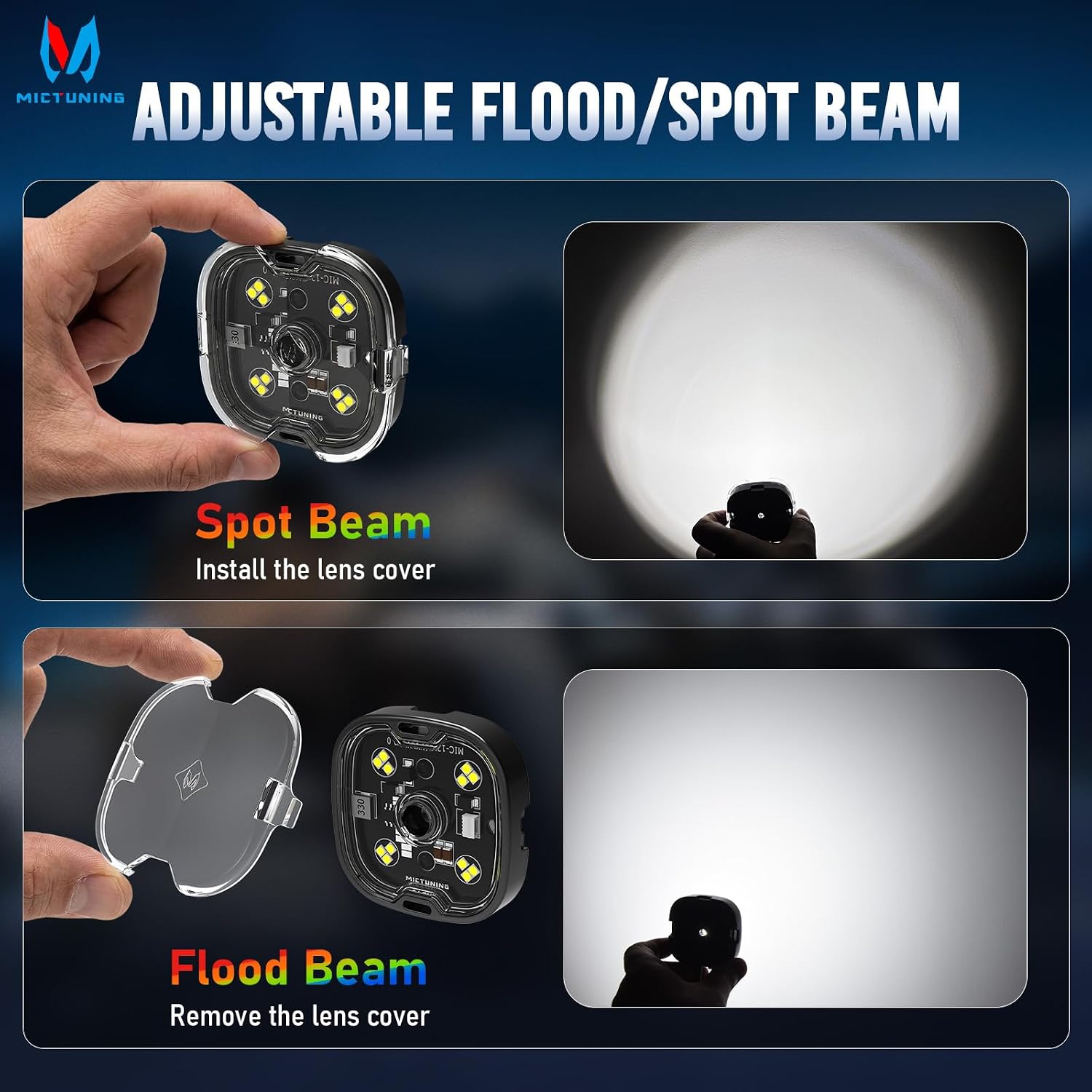MICTUNING C6 White Rock Lights 4 Pods Kit - High Brightness Multifunctional Off-Road Lighting Kit, Spot/Flood Beam Interchangeable Colorful Lens, IP68 Waterproof for Trucks & SUVs