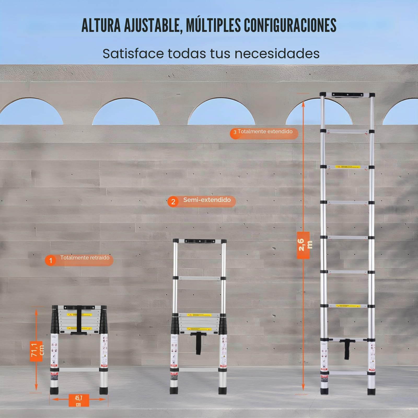 VEVOR Escalera Telescópica, Escalera Extensible Liviana Plegable de Aluminio con Retracción de un Botón, Capacidad de 170 kg con Pies Antideslizantes, para el Hogar, RV, Loft, 457 x 83 x 705 mm
