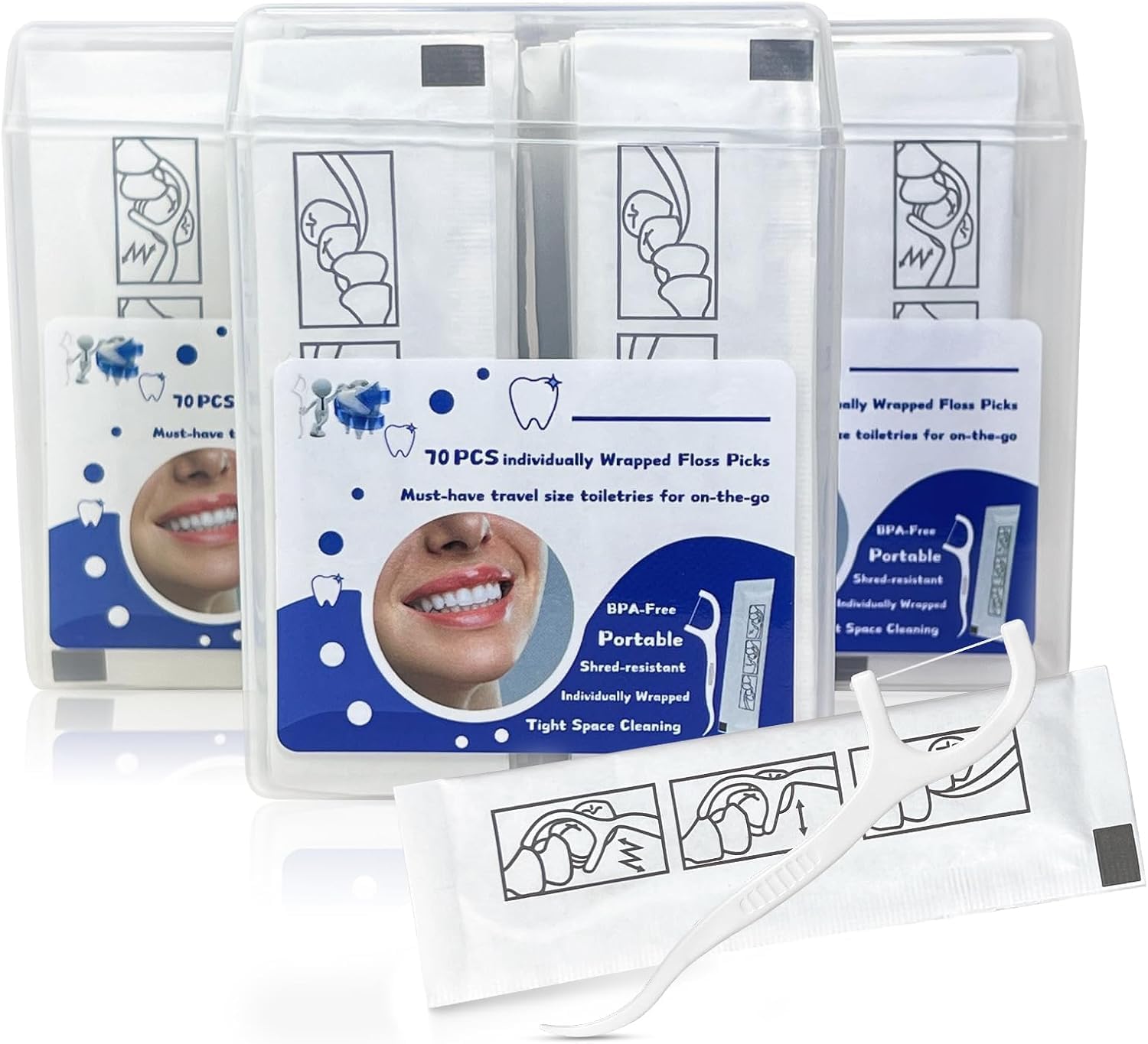 210 Pcs Individually Wrapped Dental Floss Picks, Unflavored Wax-Free Travel Flossers, Curved Tip & Non-Slip Grip, 3 Storage Cases (70 CT Each), Dental Floss with Holder for Travel, Office, Car