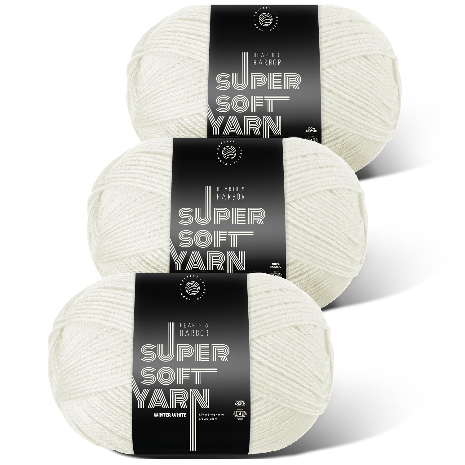 Acrylic Yarn for Crocheting &amp; Knitting – Soft Crochet Yarn for Crocheting, 3 Pack of 370 Yards, Perfect for Crafts &amp; Amigurumi, Medium Worsted Weight 4, Winter White