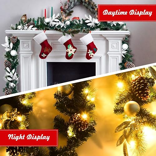 Miniatura 6 de GOFLAME Guirnalda de decoración navideña de 9 pies, ratán de Navidad preiluminado con 50 luces LED, conos de pino, bolas y hojas plateadas,