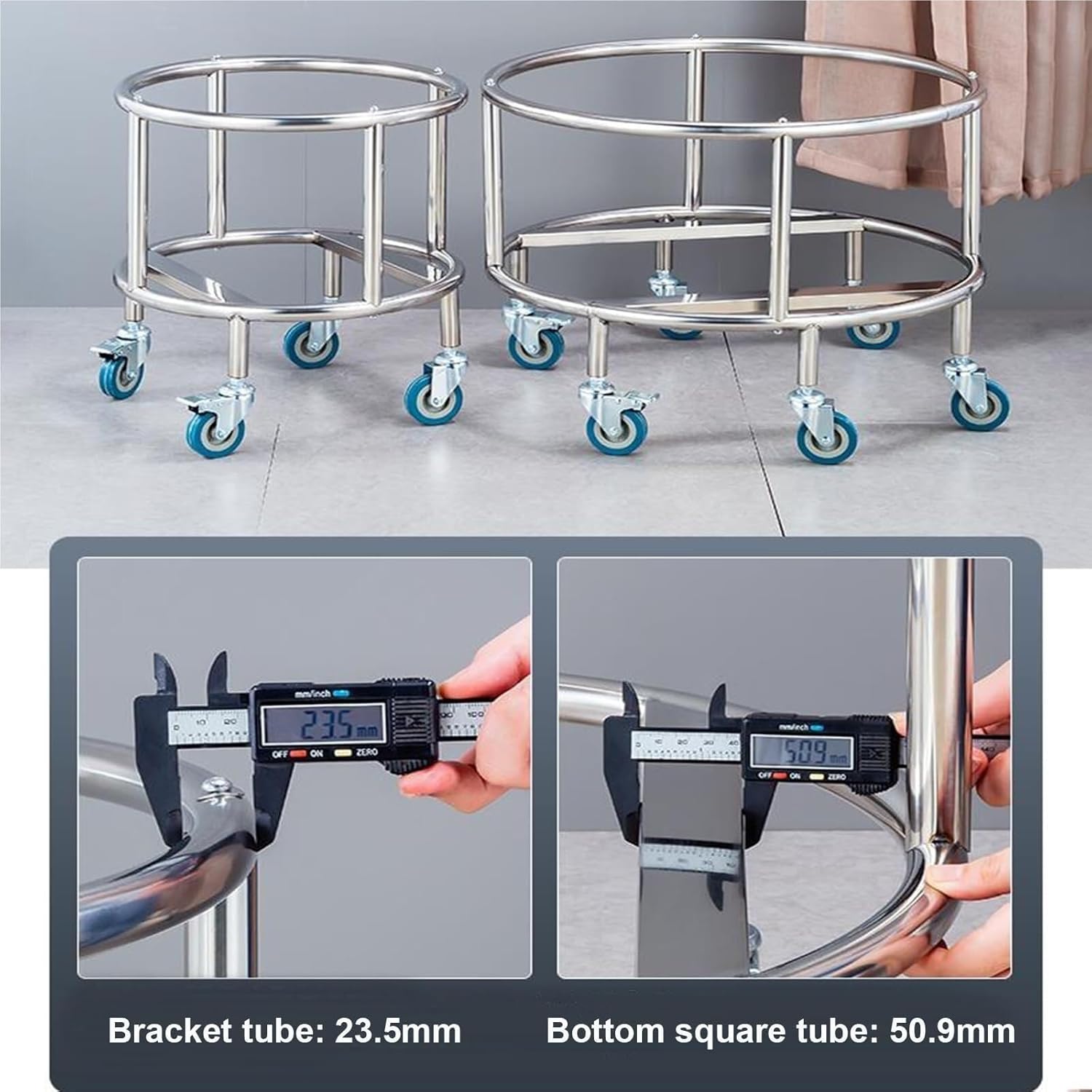 Rolling Bucket Dolly with Swivel Casters, Heavy Duty Stainless Steel Stock Pot Rack, Commercial Milk & Soup Barrel Trolley for Restaurant, Kitchen, Canteen(Diameter 45cm)