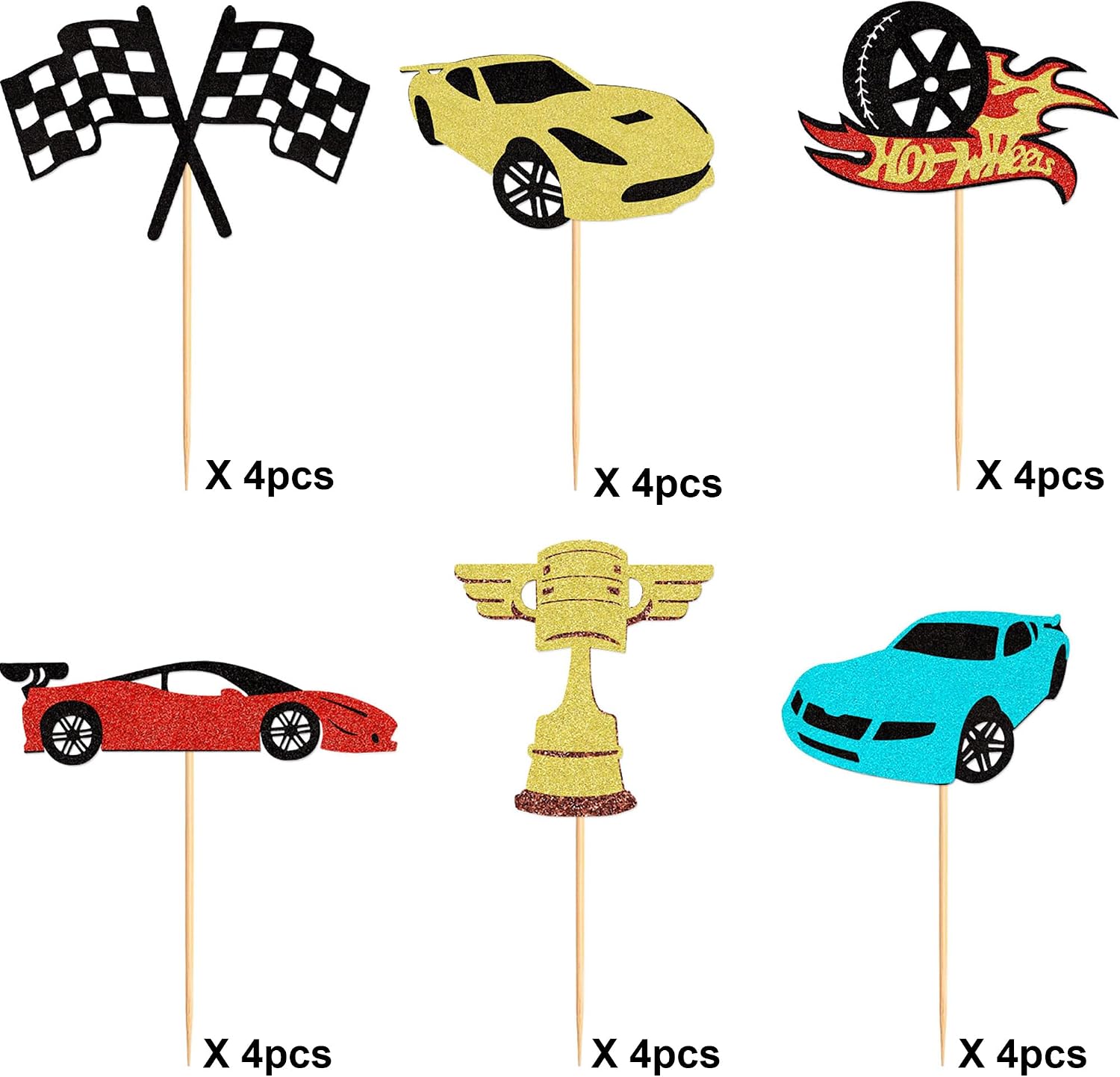 24Pcs Race Car Cupcake Toppers Glitter Trophy Flag Hot Wheel Racing Car Cupcake Picks for Let's Go Racing Sports Theme Baby Shower Birthday Cake Decorations Party Supplies