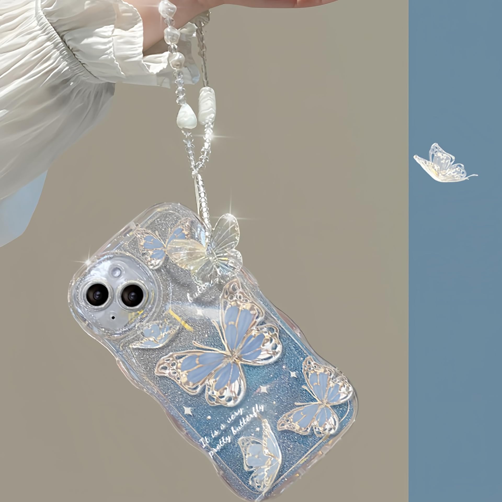 IPhone 16 Pro Hülle Mit Handschlaufe & Perlen-Anhänger - Wasserwellen-Design, Silber, Für Mädchen