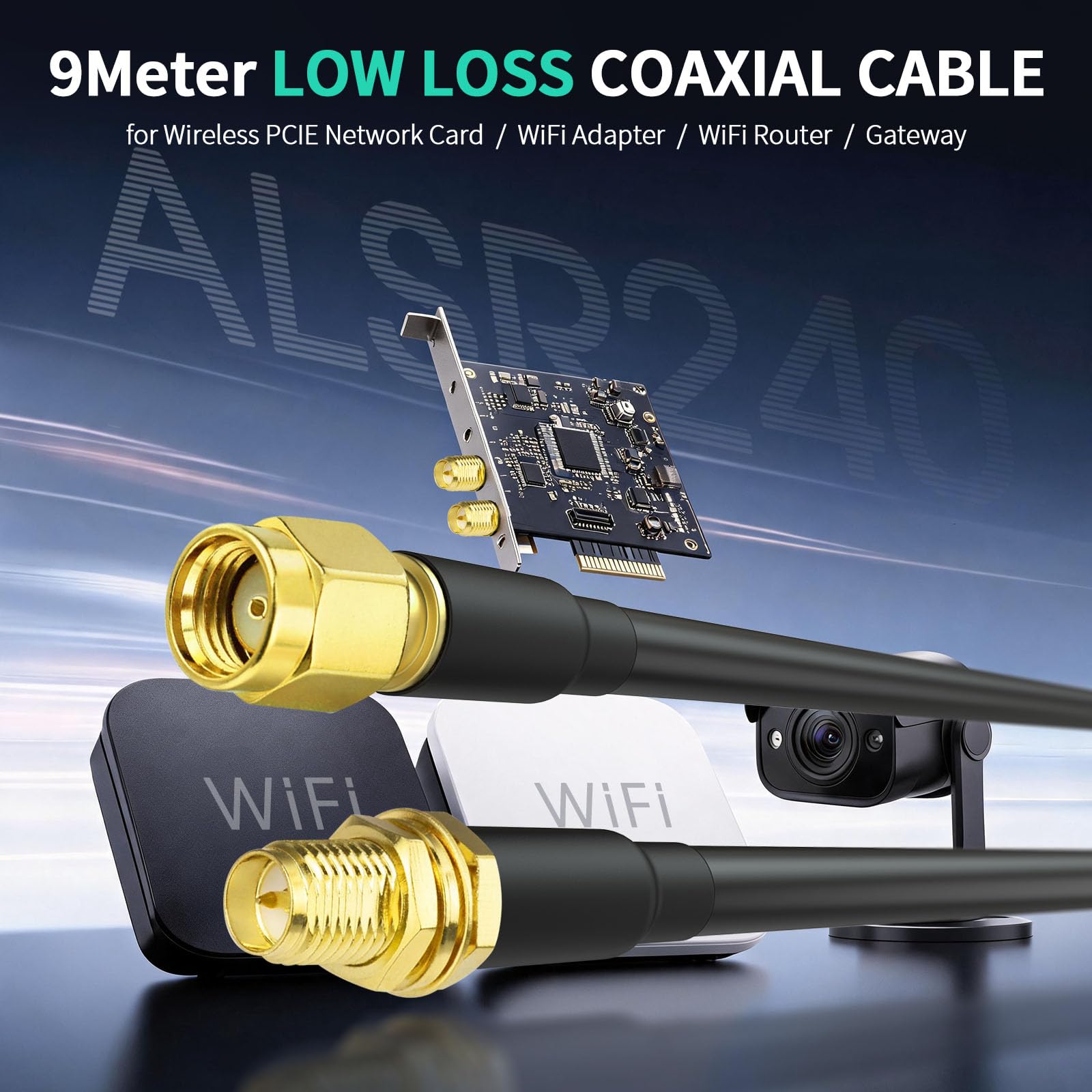 Bingfu Câble Rallonge Antenne WiFi RP-SMA Mâle à Femelle ALSR240 9 m | Câble Extension Coaxial Faible Perte 50 Ohm, pour Routeur WiFi 6E /7, Mineur Helium, Passerelle IoT, Point d'Accès Sans Fil