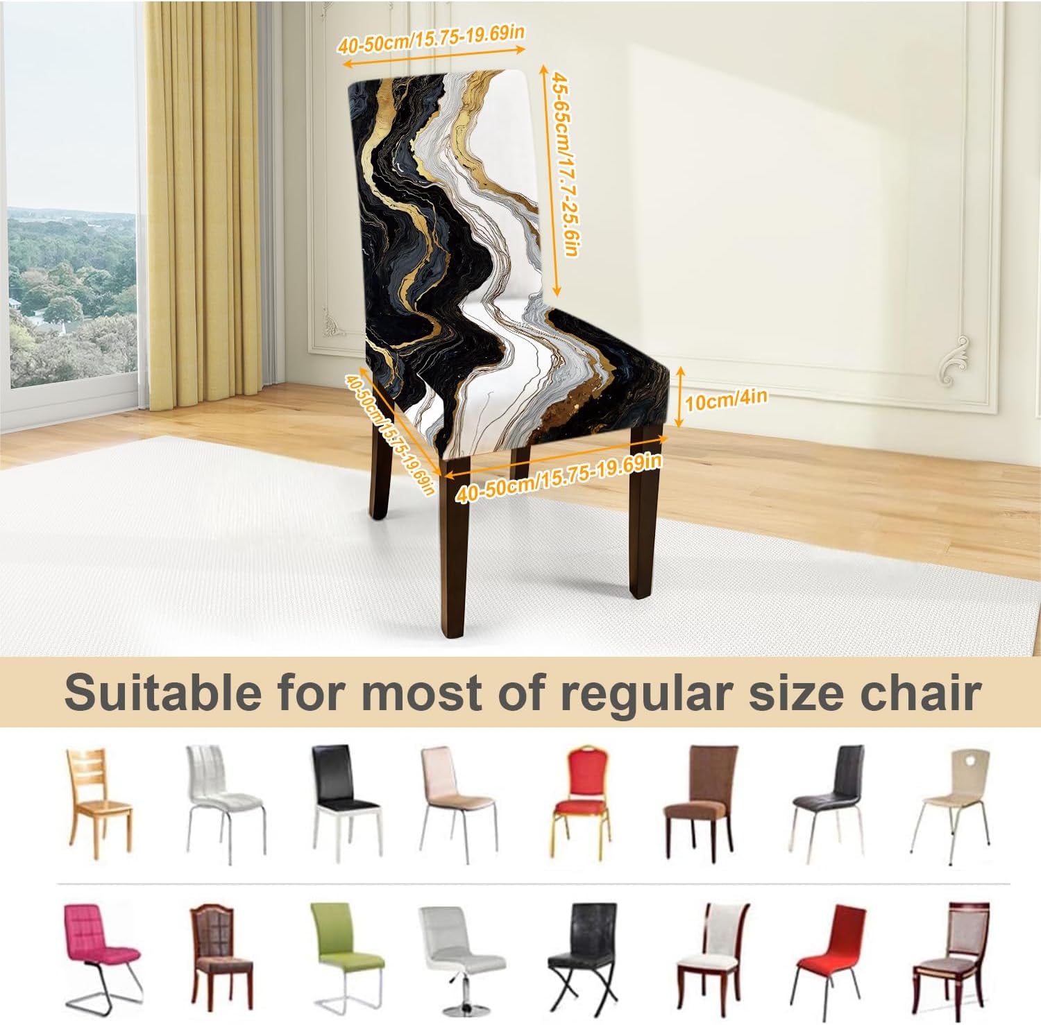 ANNA QUEEN Gold and Black Marble Chair Covers for Dining Room Kitchen Set of 6 – Elegant Stretch Washable Slipcovers for Dining Chairs, Modern Home Decor