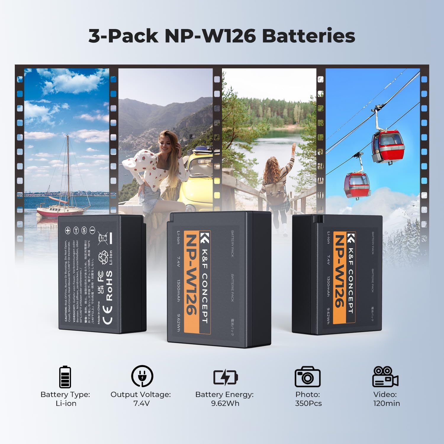 K&F CONCEPT 3-Pack NP-W126 NP-W126S Battery and Upgraded 3-Slot X Half Battery Charger Compatible with Fujifilm XM5, X Half, Xe5, X100VI, X100V, XS10, XT30, XT30 II, XT20, XE4, A5 Cameras - Image 3