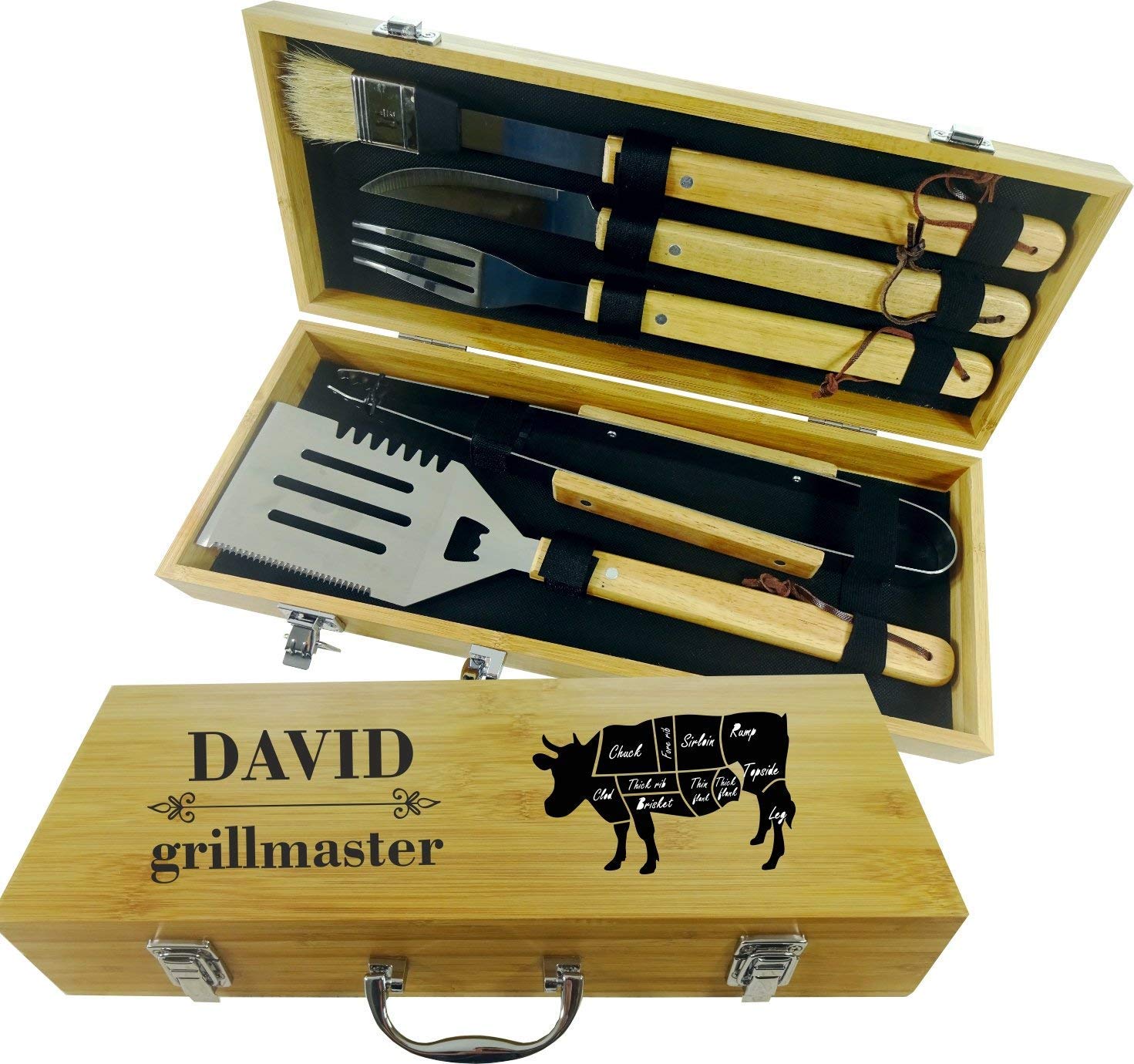 BBQ SET 5 tools | Custom engraved/personalized grilling set with 5 useful Barbeque grilling tools | Barbecue Utensils Gifts for Men & Women | In natural bamboo case | Grill Utensils Set for Dad