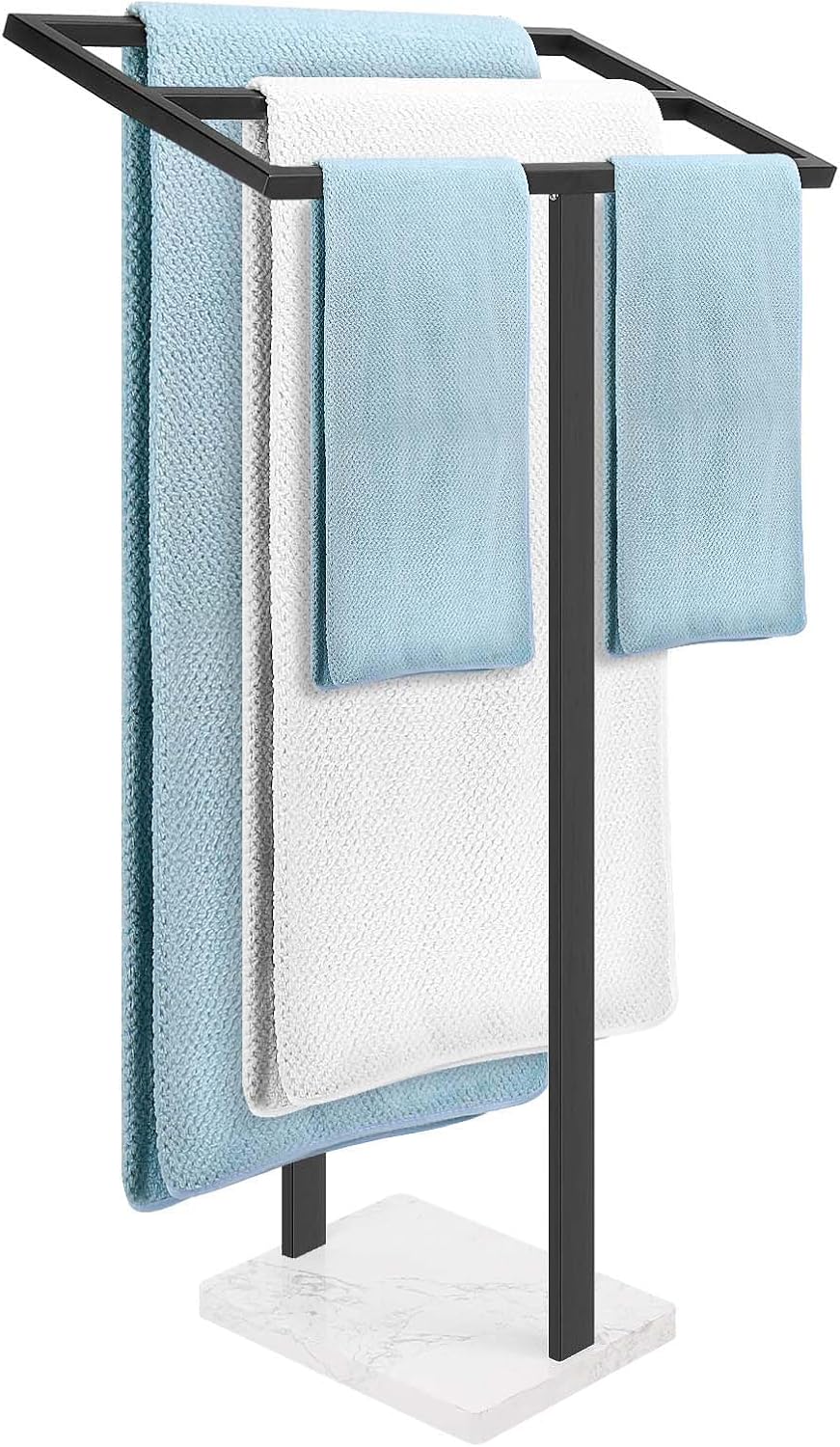 Livabber Standing Towel Rack, 304 Stainless Steel 2 Tier Towel Holder Stand with Heavy Marble Base, Stylish Floor Towels Bar for Bathroom Accessories, Laundry Room, Pool (Black)