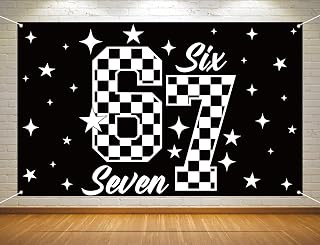 Funny 67 Meme Birthday Photo Booth Backdrop Black and White Checkered Racing Party Decoration Race Car Star School Classroom Background Banner Wall Decor (Checkered, 3.6×5.9ft)