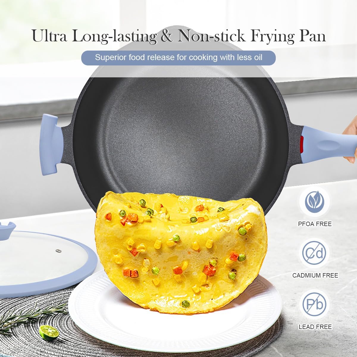 Large Frying Pan Skillet Nonstick with Lid, 14 Inch Deep Saute Pan, Big Induction Pan for Cooking, 2-1 Non Stick Cookware with Helper Handle, Family Size, Suitable for All Stoves, PFOA-Free