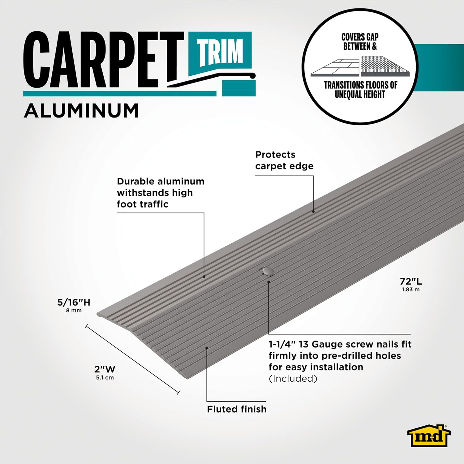 M-D Building Products 43860 2 in. X 72 in. Pewter Aluminum Carpet Trim w/Screw Nails