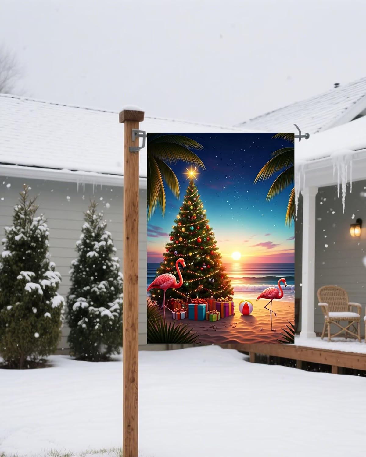 Tropical Christmas Beach Flamingo Xmas Tree Gifts Sunset Seaside Garden Flag 28 x 40 Inch, Double Sided Outdoor Decorative Welcome Yard Flags for Home House Lawn Patio - Image 3