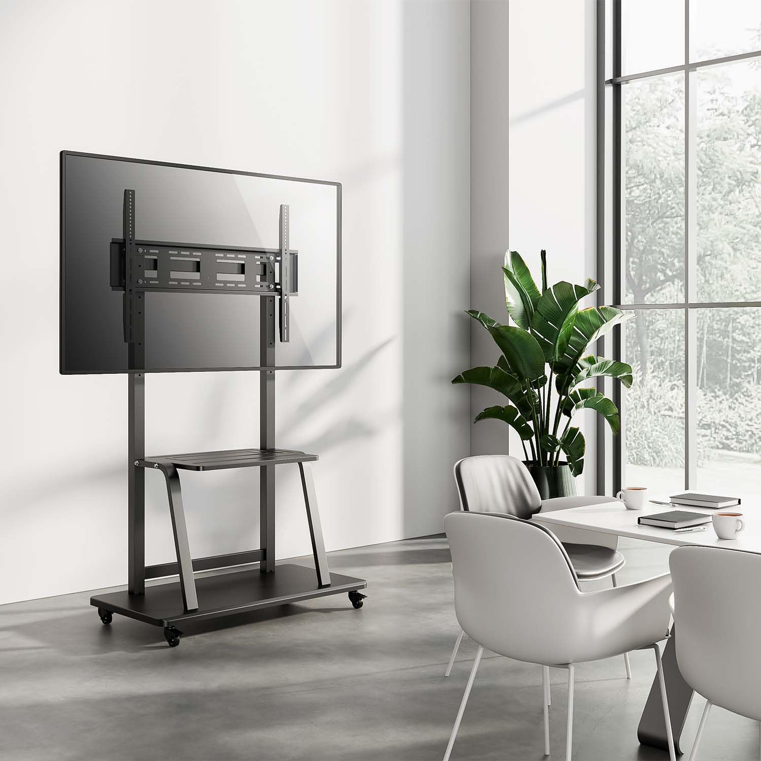 AISENS - FT100E-231 - Soporte de Suelo Eco con Rueda, Bandeja para DVD para Monitor/TV 150Kg de 37-100, Negro