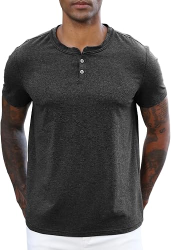 Lzzidou Mens Short Sleeve Henley Shirt - Slim Fit Casual 2-Button Placket T-Shirts 95% Cotton Stretch