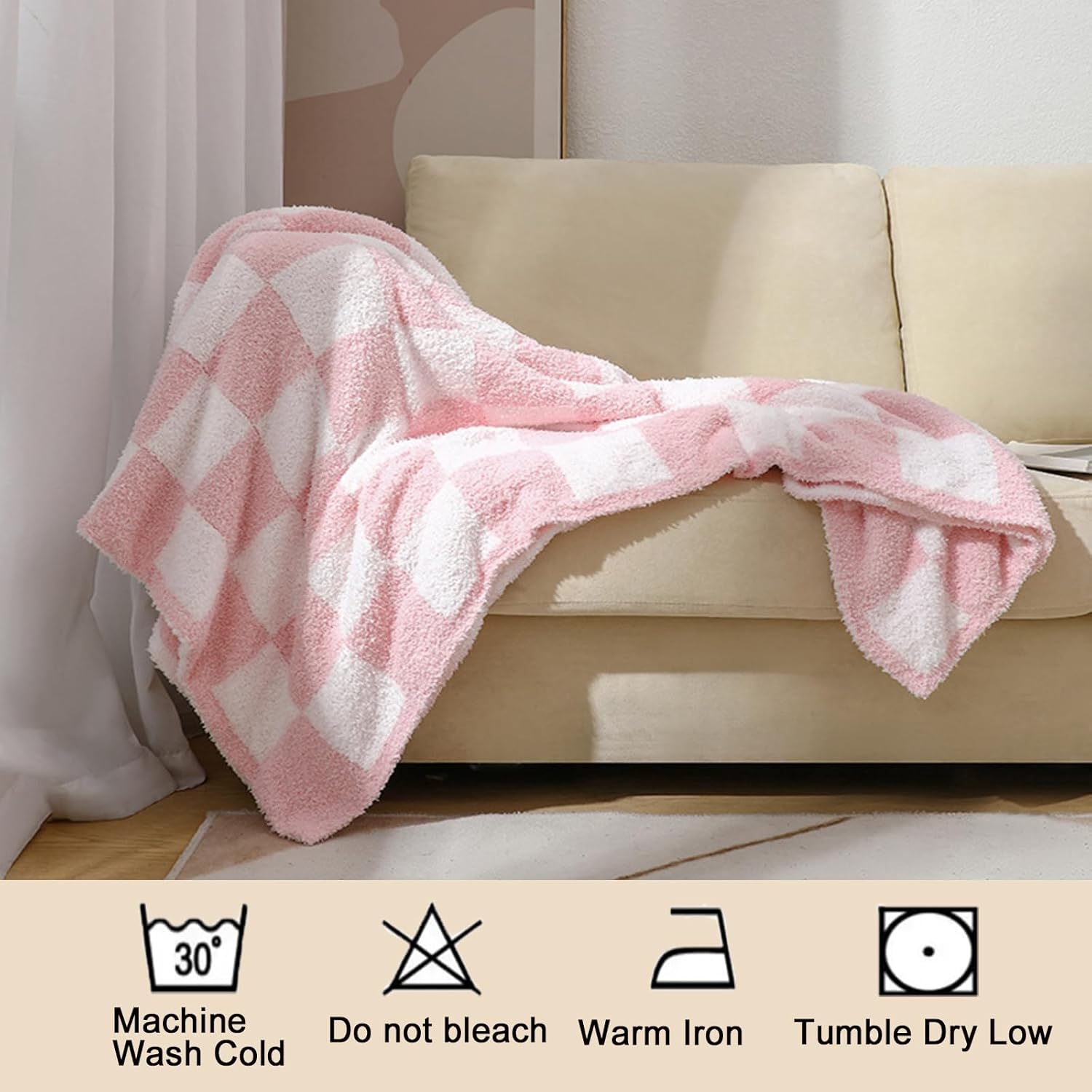 MorroMorn Checkered Blanket for Couch Bed, Baby Pink Throw Blanket 2-Layers Soft Cozy Fleece Plaid Blankets Checkerboard Grid - Fluffy Fuzzy Warm Cute Home Decor Women Girls Gifts, 60x80 inches