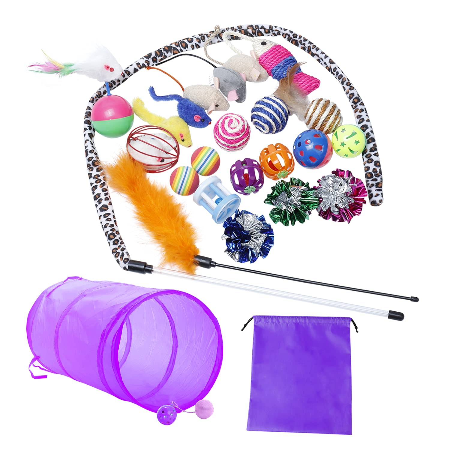 Toozey Katzen Spielzeug 24 Stück Katzenspielzeug Set mit Katzentunnel, Bälle, Federspielzeug, Plüschspielzeug, Spielzeugmäuse Katzen Spielzeug Variety Pack für Kitty Katzen, Bonus Aufbewahrungstasche