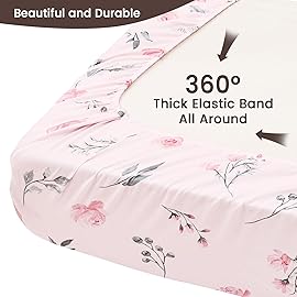 PHF Soft Crib Sheet Fitted, 2 Pack Baby Sheets for Girls, 28x52x9in Fits Standard Crib and Toddler Mattresses, Silky Comfy Breathable Polyester Baby Mattress Sheets, Pink Floral