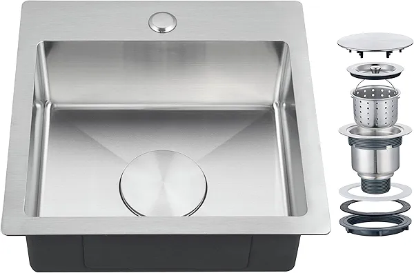 LBTBDBN 15x15 inch Small Kitchen Sink - Drop In Bar Sink for RV, Wet Bar & Compact Spaces, Brushed Stainless Steel 18 Gauge Topmount Single Bowl Utility Sink