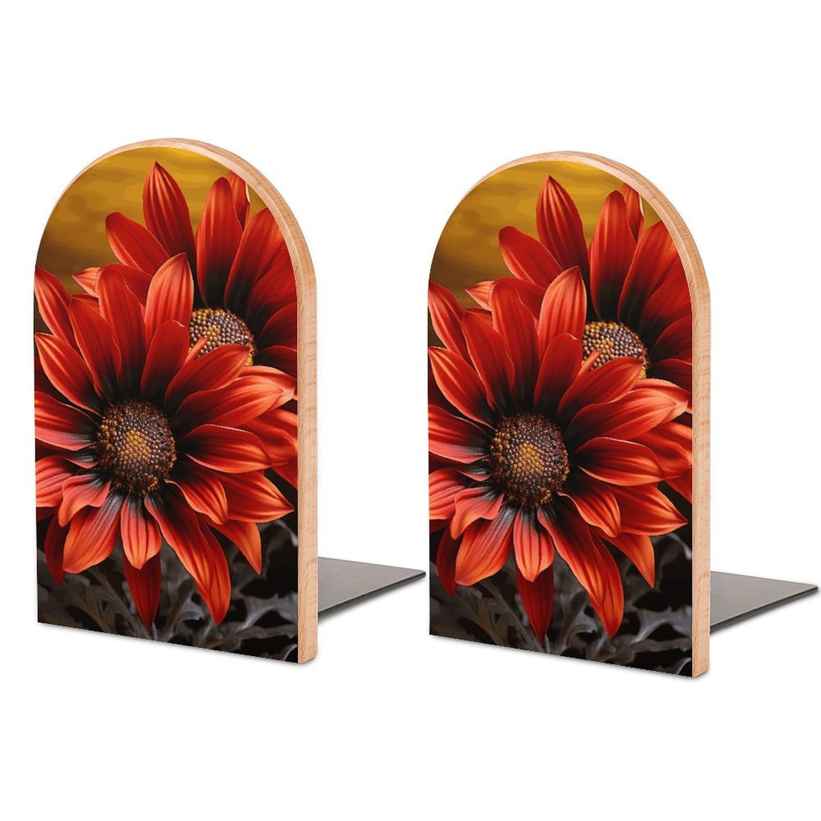 Sujetalibros de madera con girasol rojo y base de metal antideslizante para estanterías